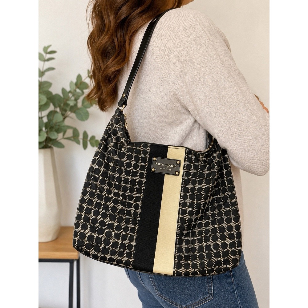 Kate Spade New York Black & Cream Jacquard Shoulder Bag Purple Lining